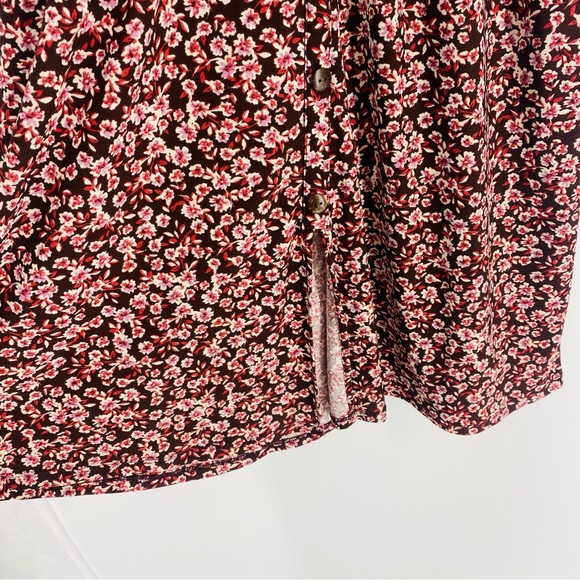 Monteau Brown Pink Floral Belted Pocket V-Neck Mid Dress M - Picture 5 of 7